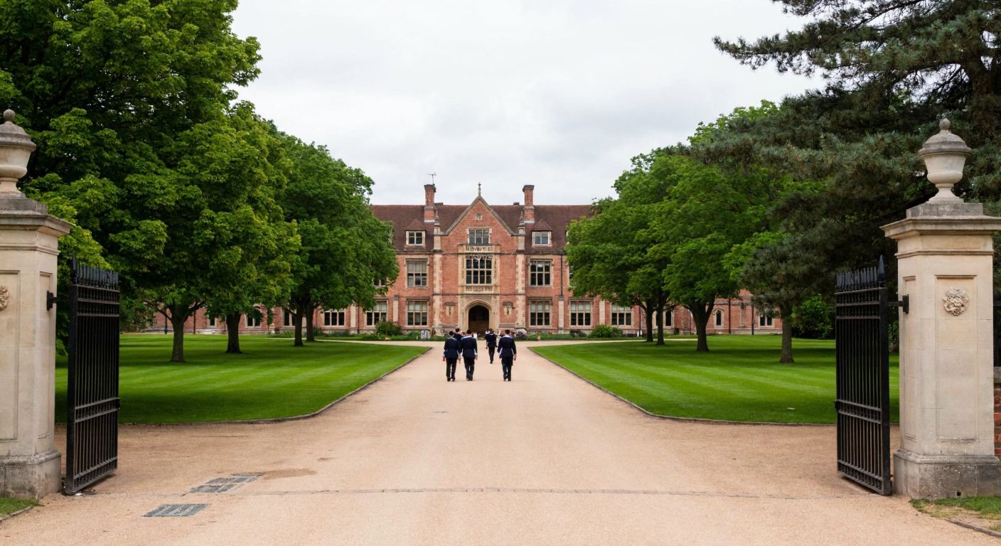 A grand, historic English school building with sprawling green lawns and tree-lined pathways, set against a cloudy sky, with a signless stone entrance gate and a distant view of students in uniforms walking toward the campus.