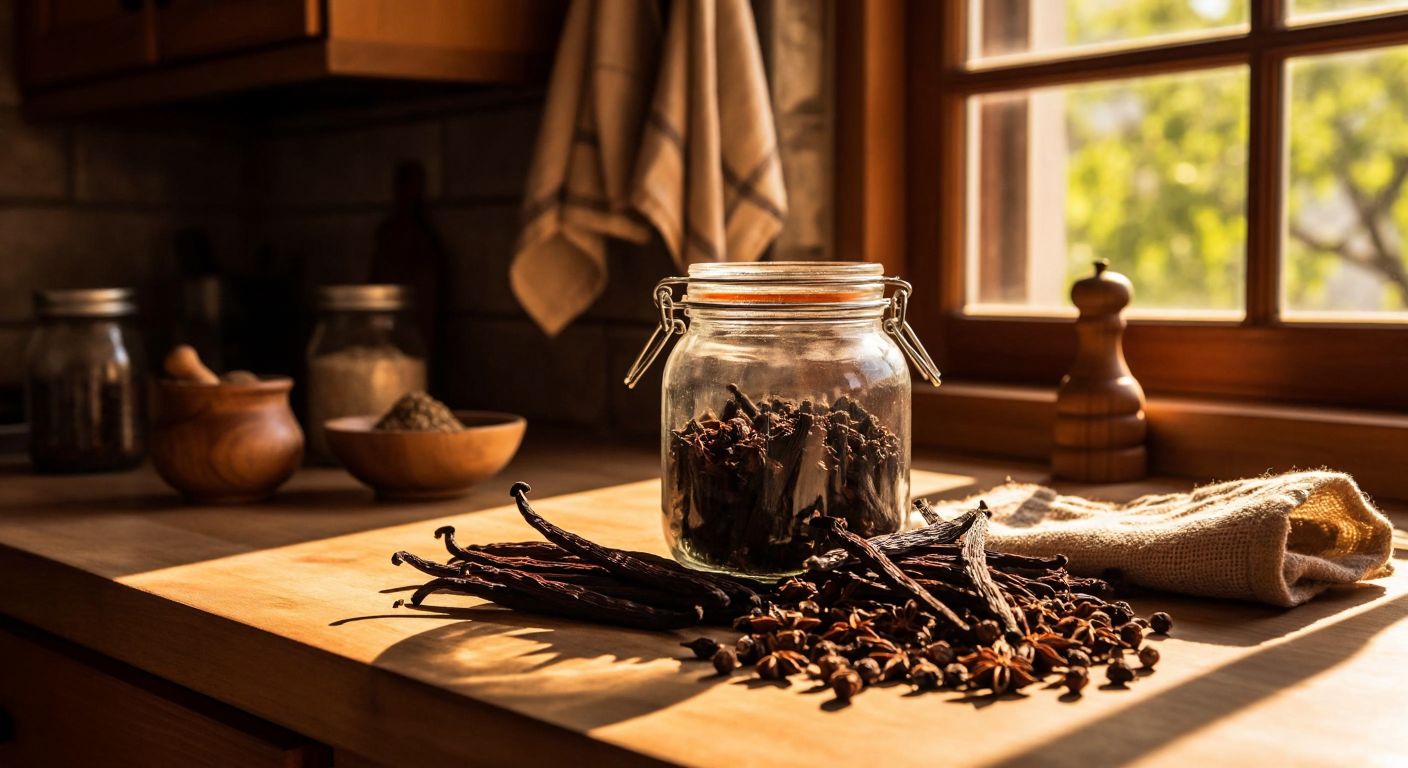 A warm, sunlit Turkish kitchen with a glass jar of vanilla pods resting on a wooden counter, surrounded by scattered spices and a woven cloth, evoking freshness and careful storage.