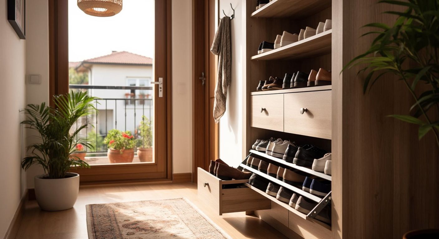 A sleek, drop-front shoe cabinet in a cozy Turkish home, neatly storing shoes behind its downward-opening door while saving space in a narrow hallway.