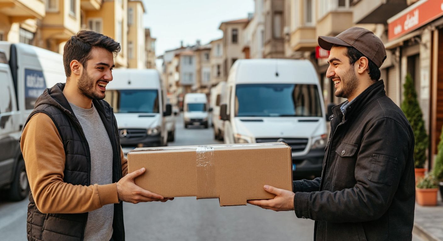 A split image showing a frustrated customer holding a damaged package on one side and a satisfied customer receiving a well-packaged box from a smiling delivery worker on the other, set against a backdrop of a bustling Turkish street with cargo vans.