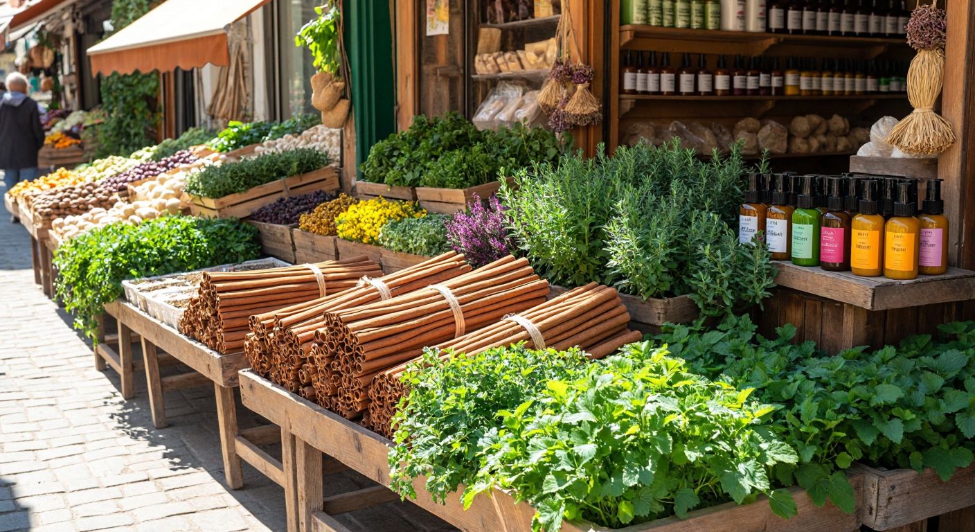 A vibrant Turkish marketplace with bundles of cinnamon sticks, lush green medicinal plants, and colorful organic cosmetics arranged on wooden stalls under warm sunlight.