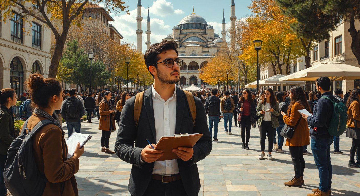 A thoughtful sociologist in a modern Turkish university setting, observing a diverse group of people interacting in a bustling urban square, with notebooks and research tools nearby.