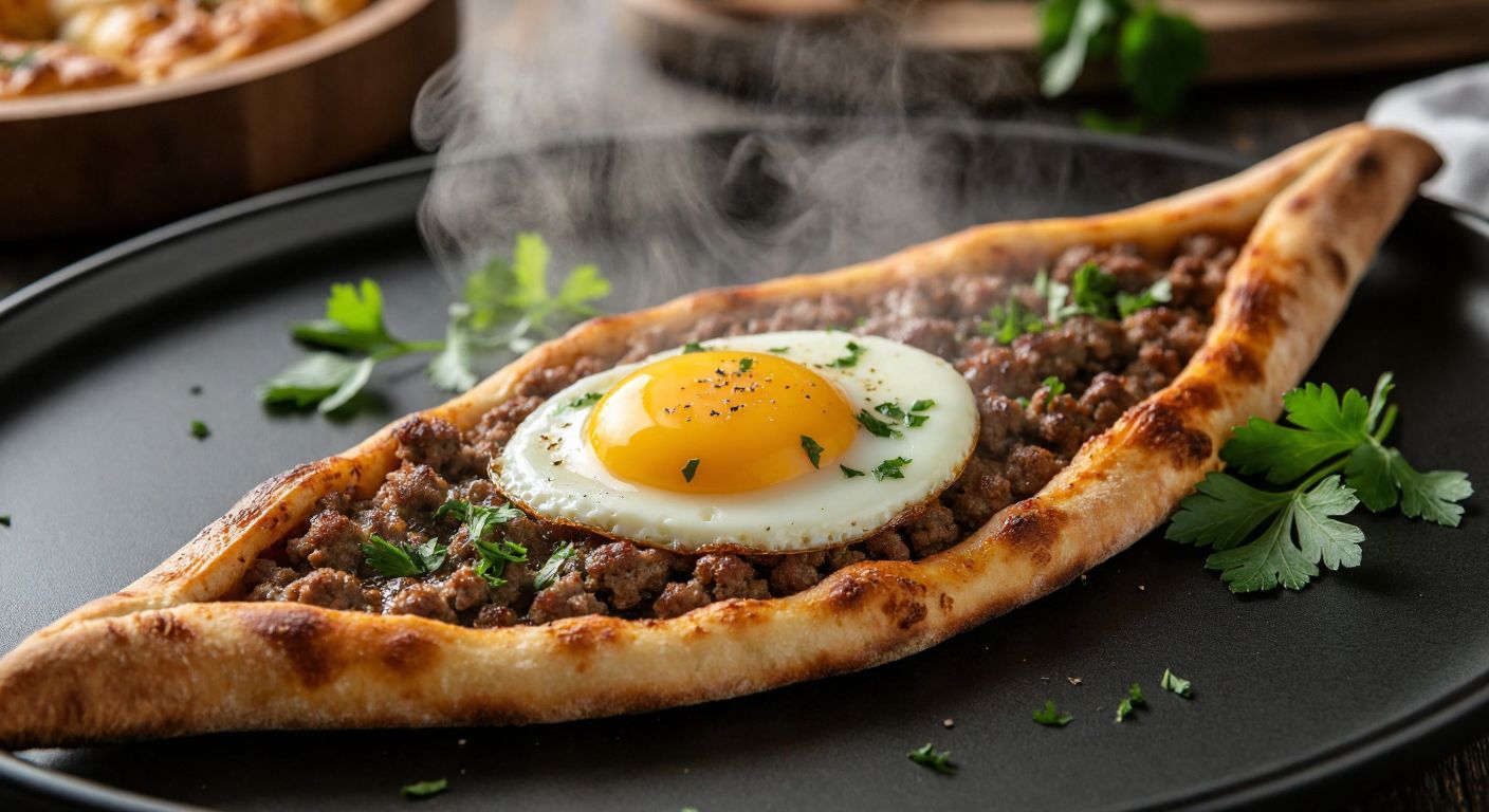 A golden-yolked egg cracked over a sizzling minced meat pide, with steam rising from the crispy edges and fresh parsley sprinkled on top.
