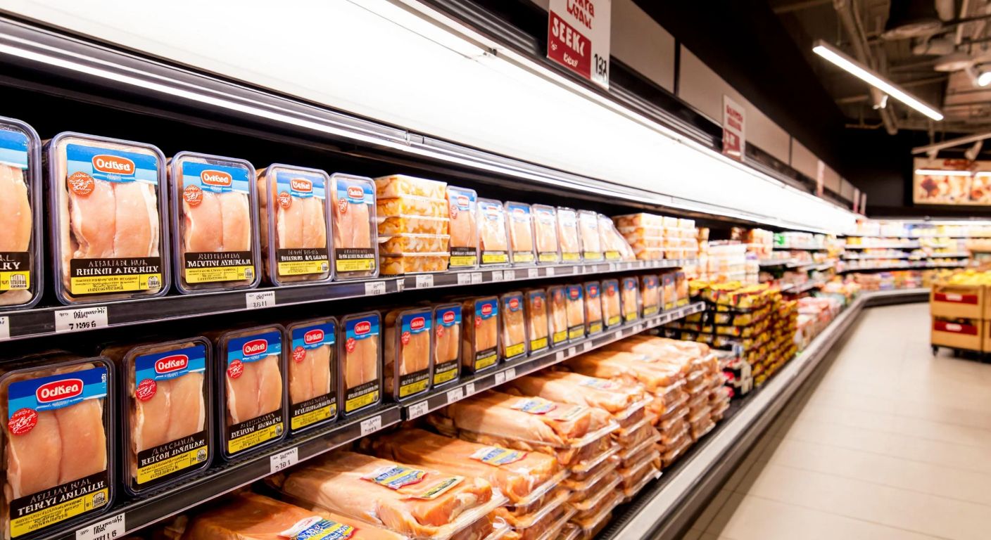 A bright supermarket aisle in Turkey with neatly stacked packages of marinated chicken breast, including one labeled *Dr.Oetker* and another with teriyaki sauce, under warm overhead lighting.