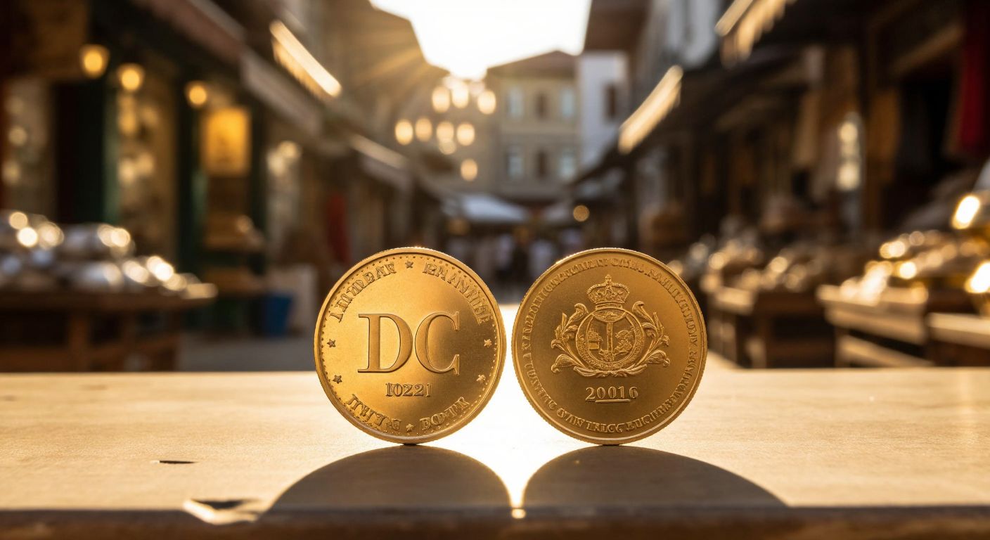 Two distinct golden coins resting on a wooden table—one engraved with "DCII" and the other slightly larger with a faint decimal shimmer—against a warm, sunlit backdrop of an old Turkish bazaar.