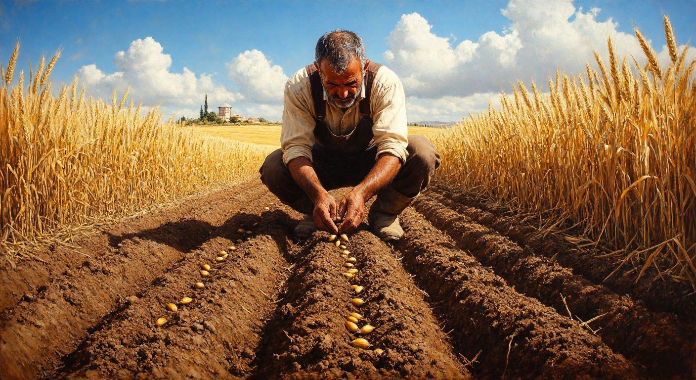 A Turkish farmer in a sunlit wheat field, kneeling to plant seeds at varying depths in rich brown soil, with golden wheat stalks swaying in the background.