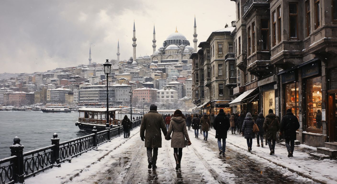 A snowy Istanbul skyline with the Bosphorus Bridge lightly dusted in white, people bundled in warm coats walking along Galata Tower’s cobblestone streets under a gray, cloudy sky.