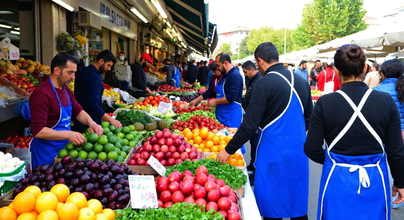 A bustling Turkish open-air market with vendors in crisp blue aprons, neatly arranging fresh fruits and vegetables while customers browse, conveying cleanliness and professionalism.