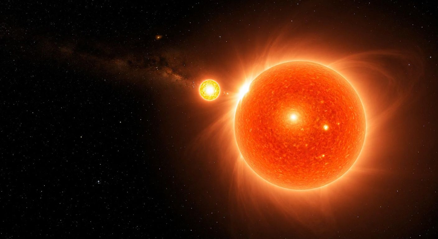 A vast, fiery red supergiant star (UY Scuti) dwarfs a tiny yellow sun in the depths of space, surrounded by swirling cosmic dust and distant twinkling stars.