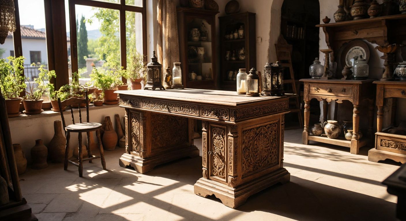 A weathered wooden desk with intricate carvings sits in a sunlit Turkish antique shop, surrounded by curious hands gently inspecting its craftsmanship and patina.