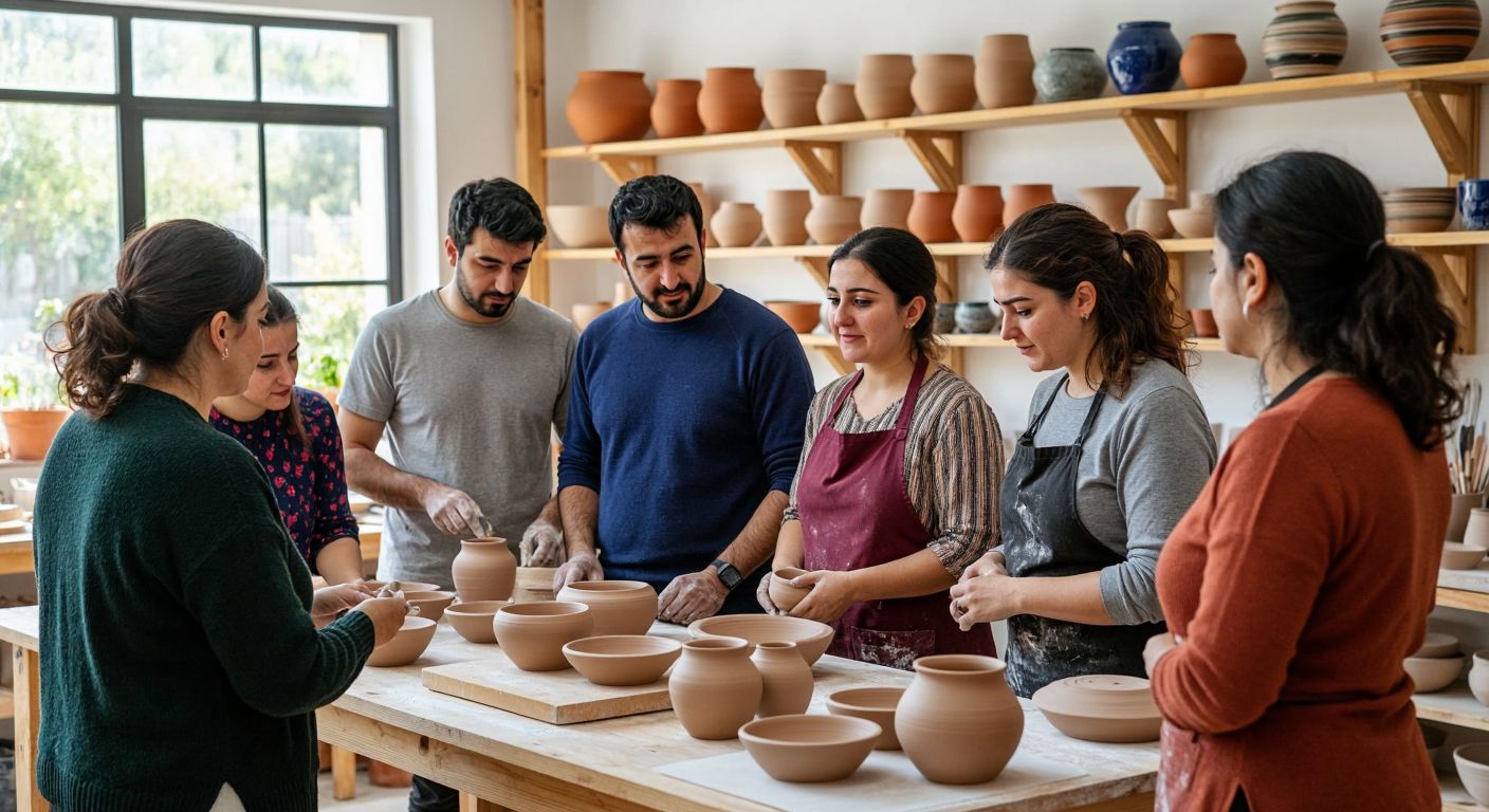 A diverse group of adults in a bright Turkish classroom, attentively learning pottery from an instructor at a wooden workbench, with colorful ceramic pieces drying on shelves in the background.