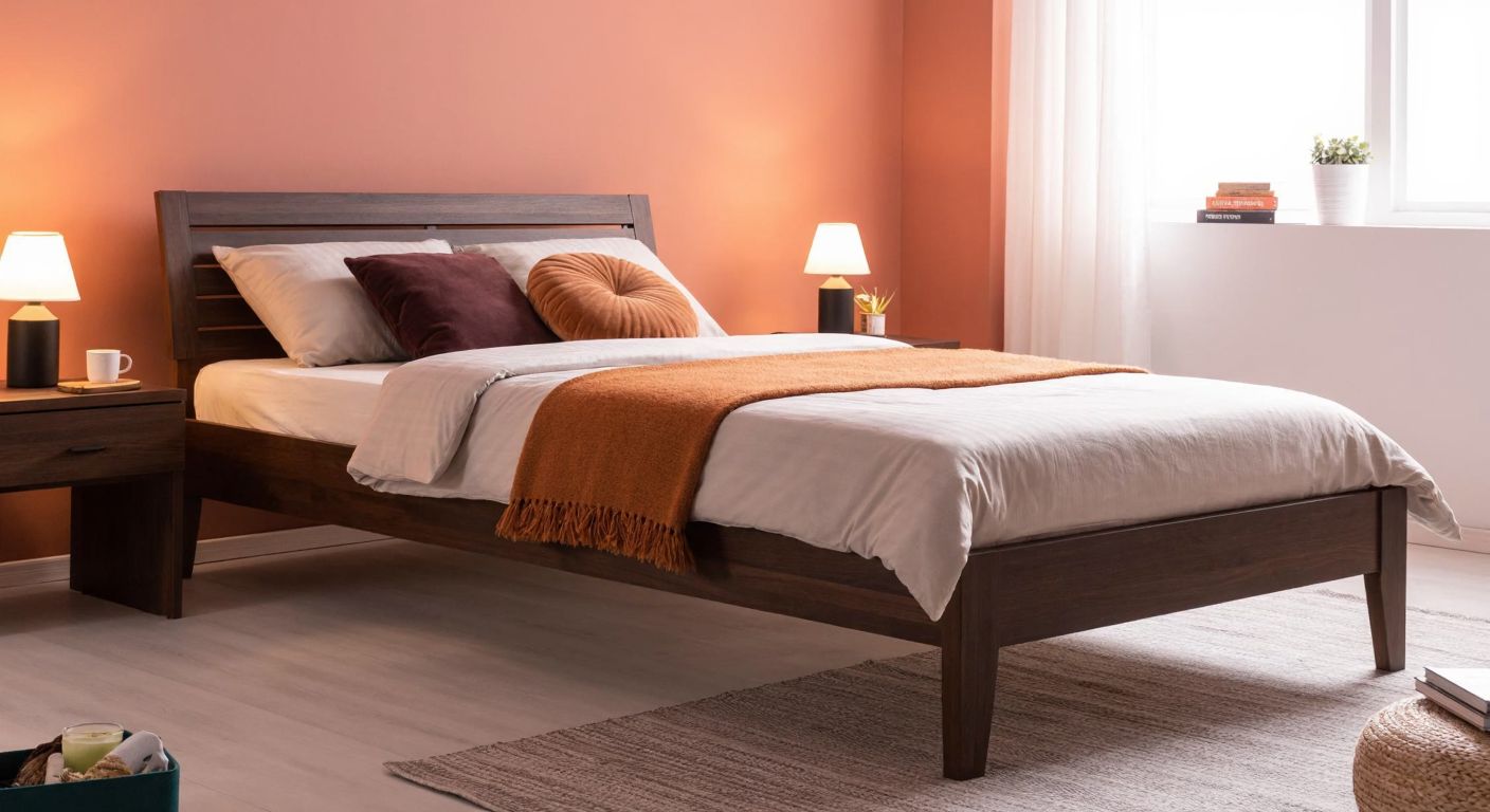 A neatly arranged bedroom in a Turkish home with a sleek wooden 80x200 cm bed frame, plush pillows, and a warm-toned woven blanket, surrounded by minimalist nightstands and soft lighting.