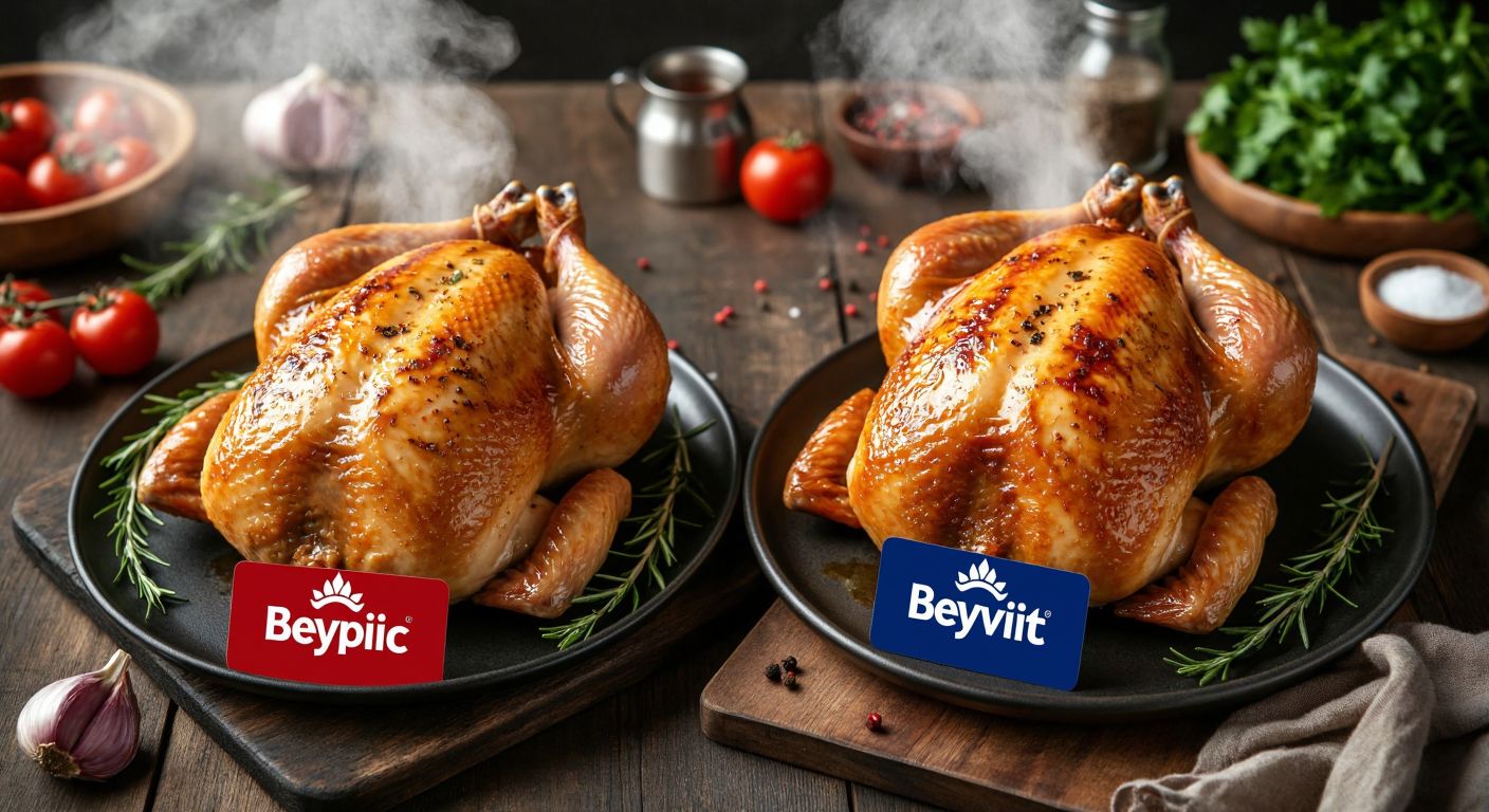 Two plump, golden-brown roasted chickens on separate plates, one labeled with a subtle red logo (Beypiliç) and the other with a blue logo (Banvit), placed side by side on a rustic wooden table in a Turkish kitchen, with steam rising and fresh herbs scattered around.  

*(Note: The logos are implied by color/shape only—no text or symbols are depicted.)*