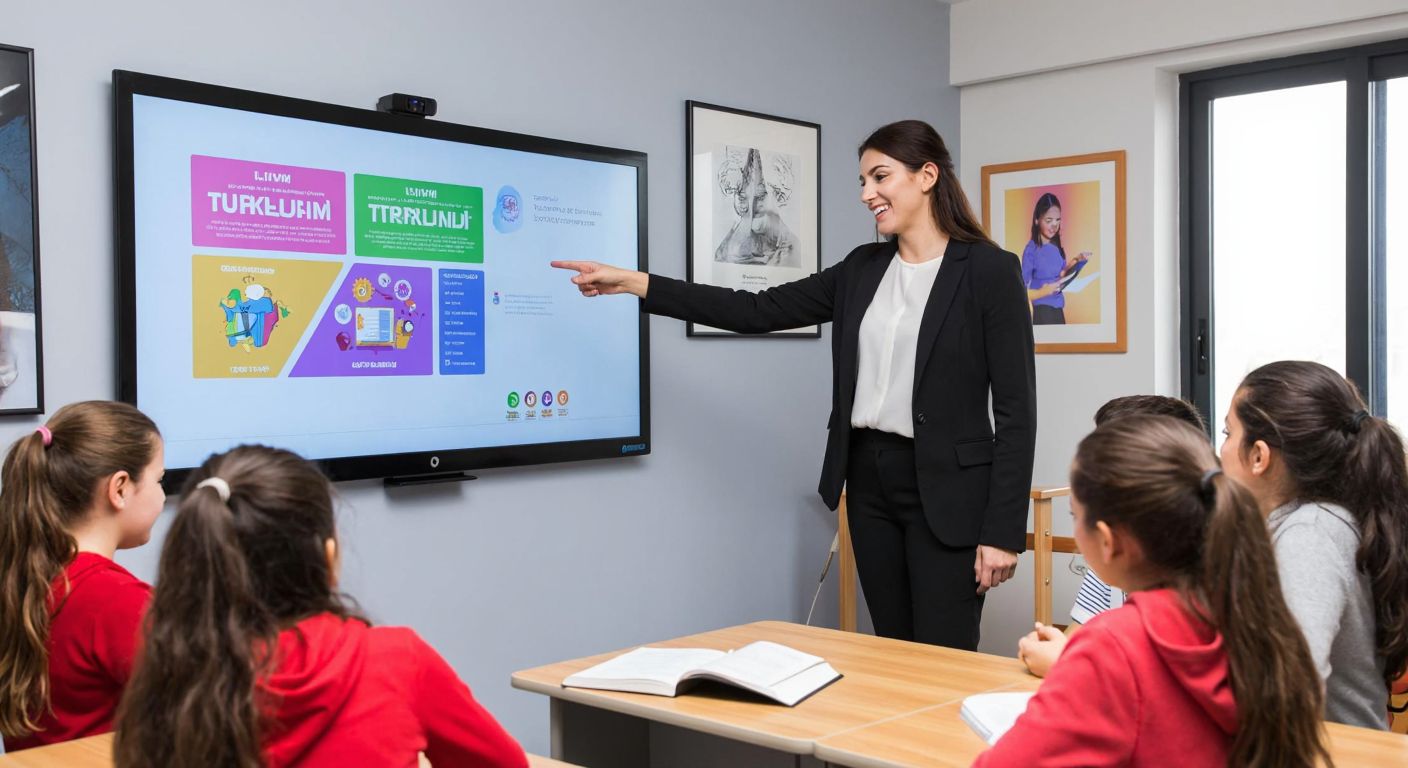 A modern Turkish classroom with a smiling teacher pointing at a bright interactive whiteboard displaying colorful educational content from Limit Yayınları, while engaged students watch attentively.