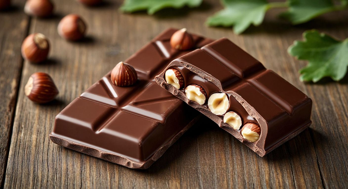 A glossy, unwrapped Nello chocolate bar on a wooden table, split open to reveal creamy milk chocolate with swirls of hazelnut paste and whole hazelnuts embedded inside, evoking a rich, indulgent texture.