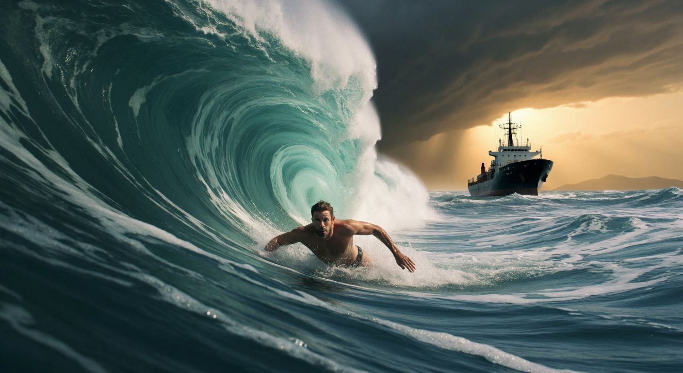 A determined swimmer in the turquoise waters of the Aegean Sea dives beneath a towering wave, their body streamlined and calm, while a distant cargo ship navigates the stormy horizon.