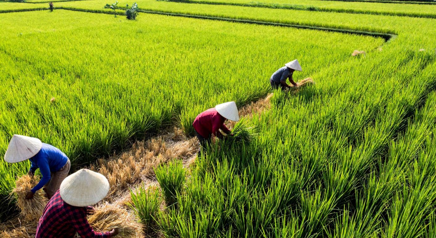 A lush green rice field in Indonesia, with farmers in conical hats bending to harvest golden rice stalks under a bright sun.