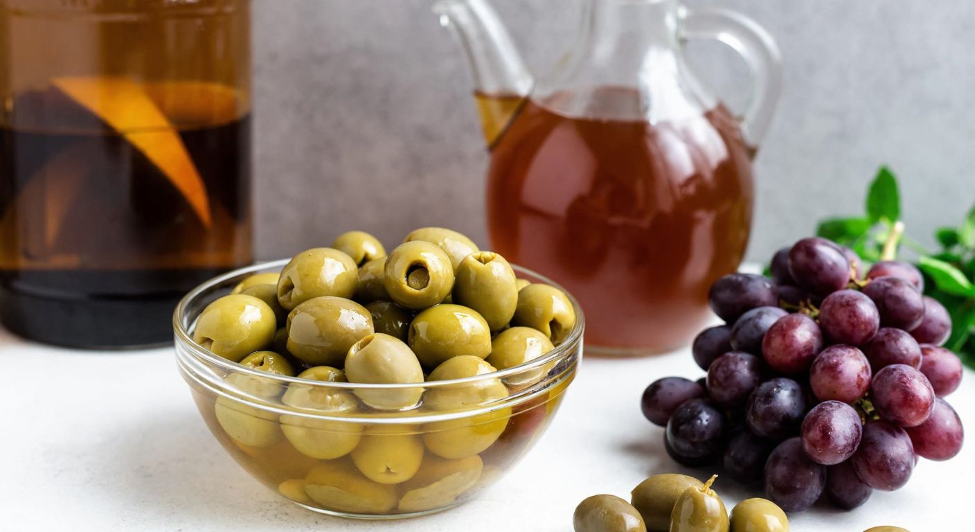 A rustic Turkish kitchen counter holds a glass bowl filled with plump green olives soaking in a golden-hued vinegar solution, with a bottle of apple vinegar and a cluster of purple grapes beside it, evoking a traditional home remedy.