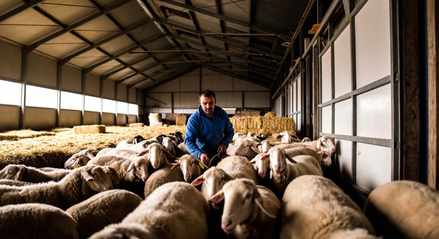 A Turkish farmer in a clean, modern barn carefully tending to a flock of healthy sheep, with stacks of hay and feed bags in the background, conveying both diligence and the challenges of livestock management.