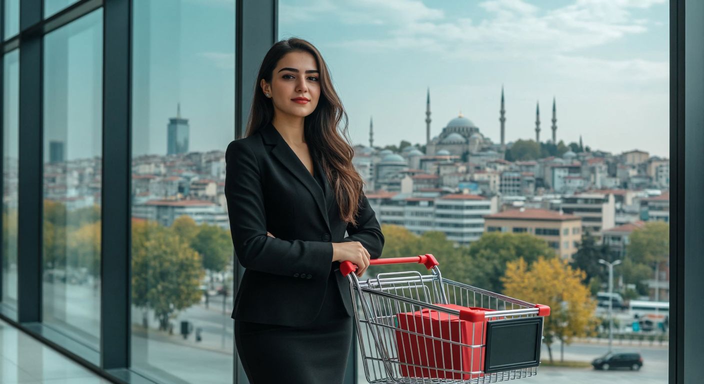 A confident Turkish businesswoman in a modern office, standing beside a digital shopping cart symbolizing e-commerce, with a subtle skyline of Istanbul in the background.