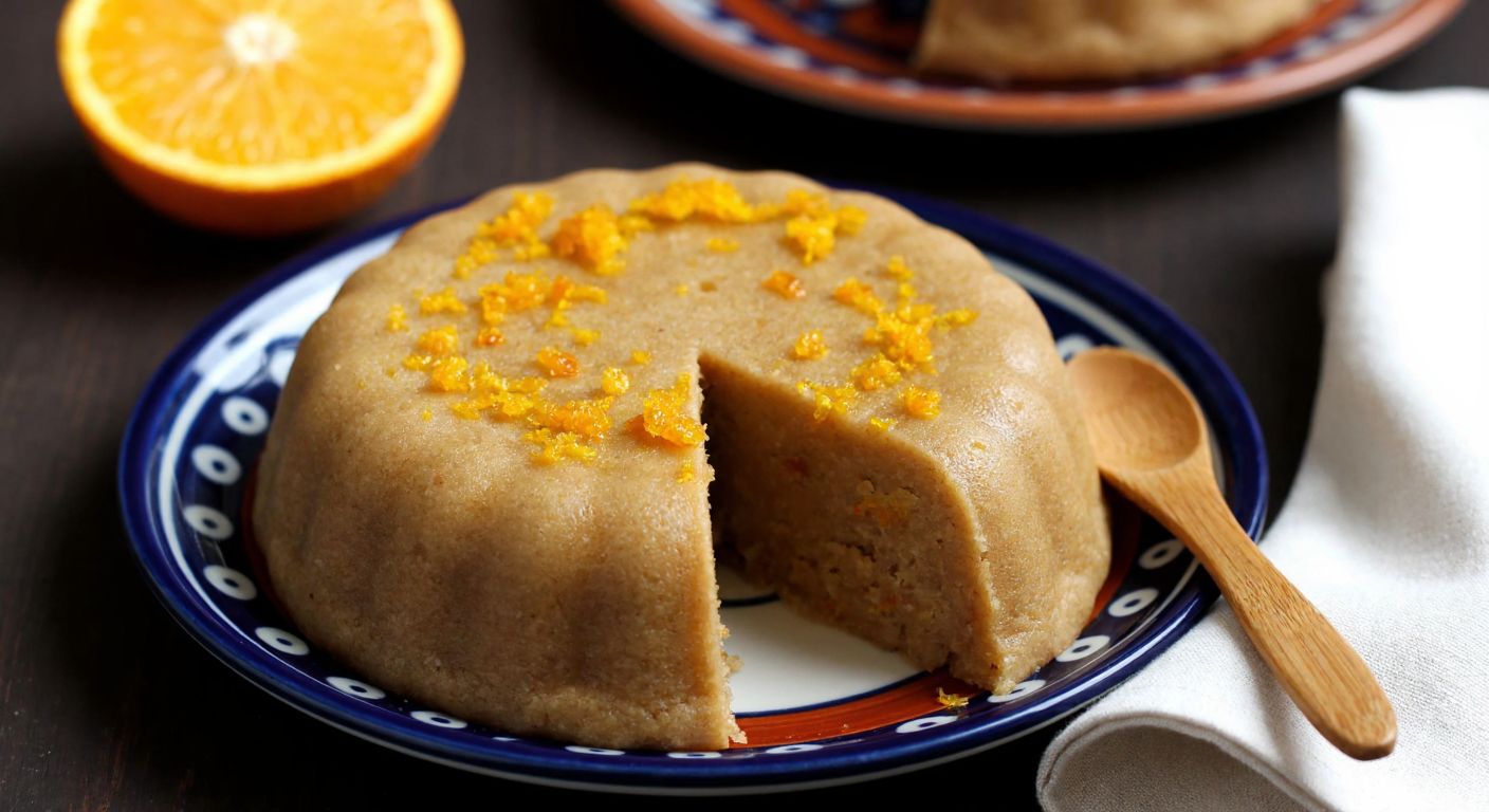A warm, golden-brown un helva sprinkled with vibrant orange zest, resting on a traditional Turkish ceramic plate, with a wooden spoon beside it and a peeled orange in the background.