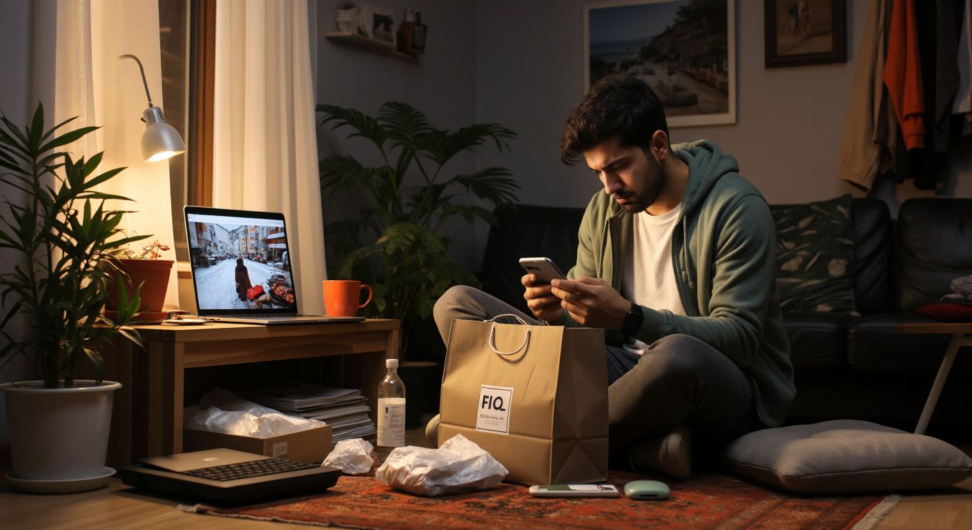 A frustrated person in a cozy Turkish home checks their phone with a package and a laptop displaying the FLO website nearby.