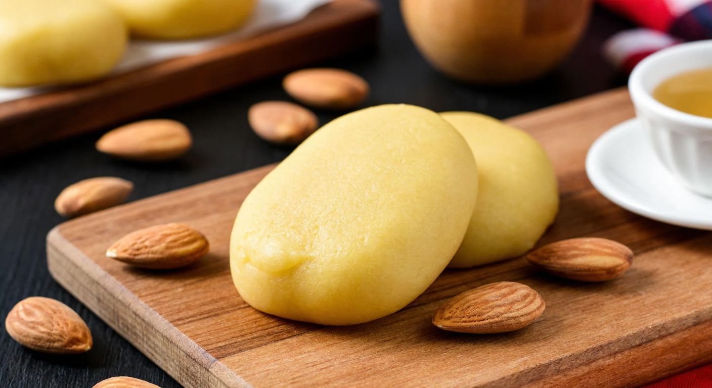 A close-up of a golden-brown almond marzipan paste on a wooden cutting board, surrounded by whole almonds and a small bowl of honey, evoking a sense of wholesome indulgence in a cozy Turkish kitchen.