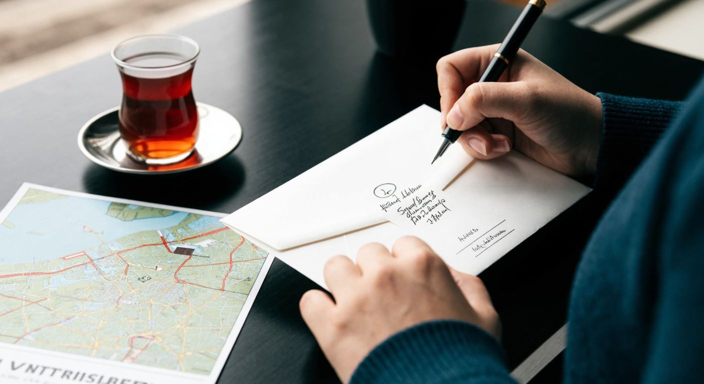 A person in Turkey carefully writing a detailed address on an envelope, with a street map of Istanbul and a steaming cup of Turkish tea nearby.