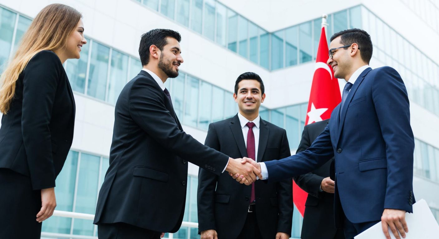 A group of businesspeople in formal attire shaking hands in front of a modern office building, with the Turkish flag subtly visible in the background.
