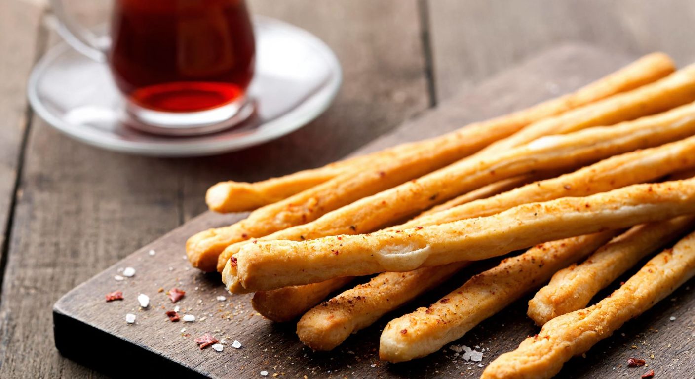 A close-up of crispy, golden-brown stick crackers dusted with a mix of spices and salt, resting on a rustic wooden table with a steaming cup of Turkish tea in the background.