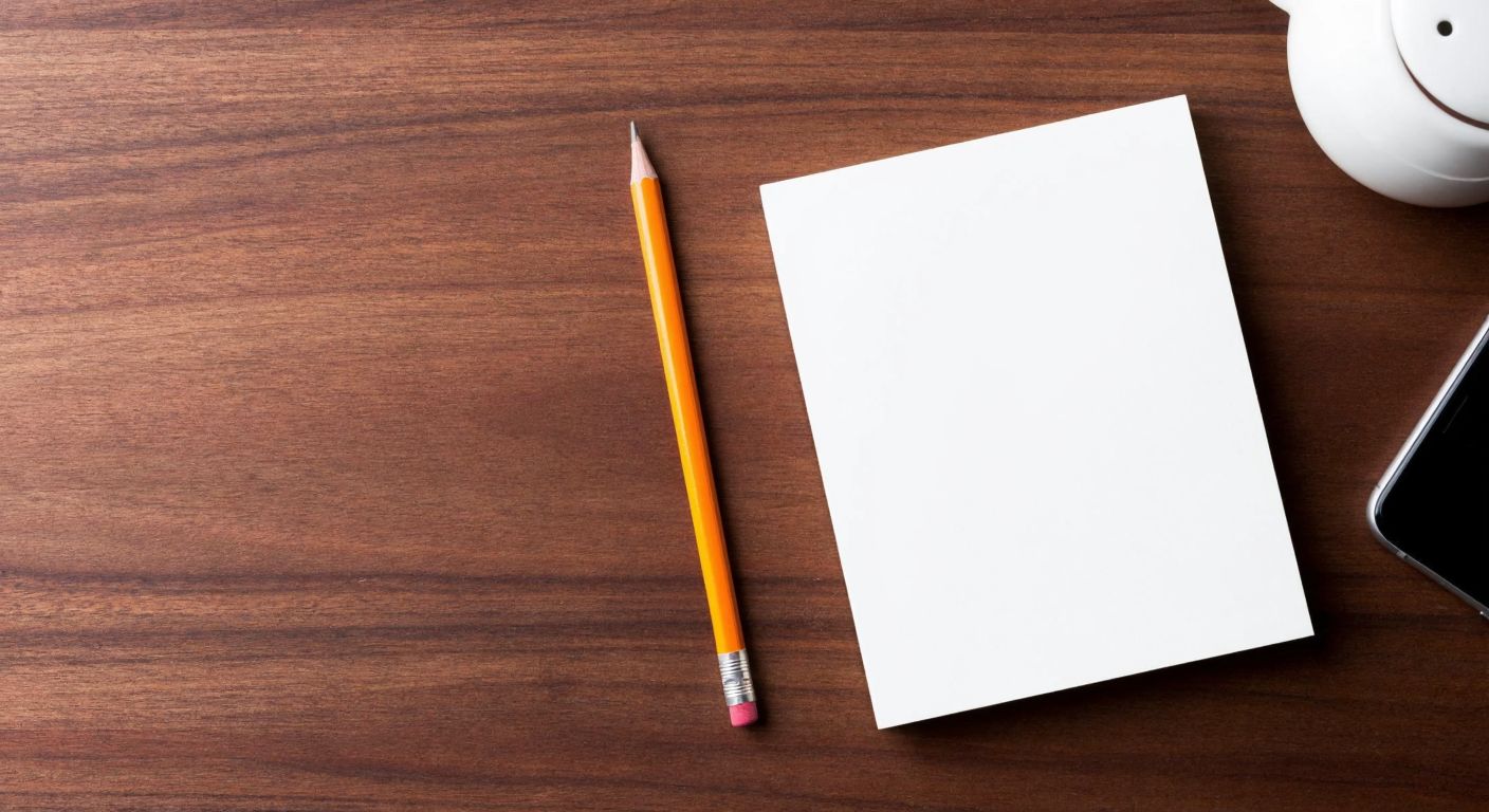 A small, square white notepad with crisp edges sits on a wooden desk next to a sharpened pencil, evoking a simple and organized workspace.