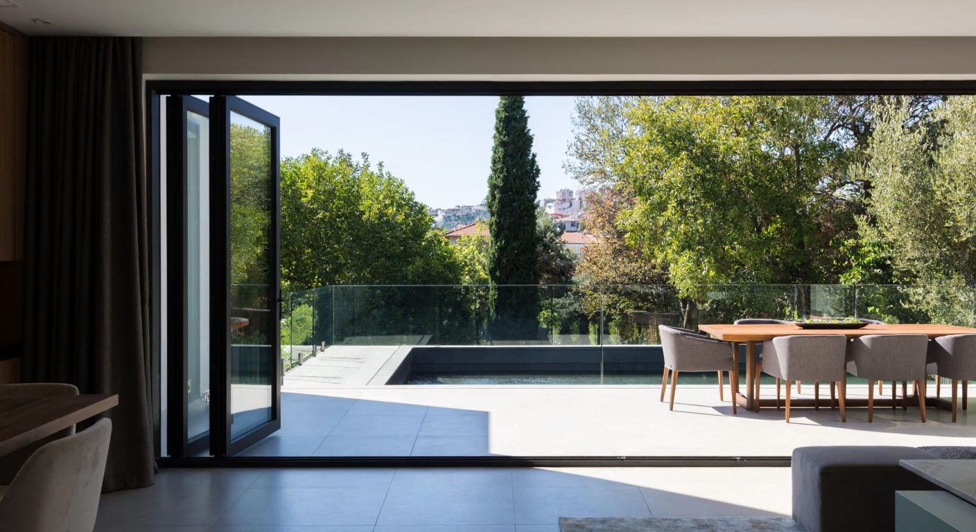A modern Turkish home with a sleek folding glass door fully opened, revealing a sunlit terrace overlooking a lush garden, blending indoor and outdoor spaces seamlessly.