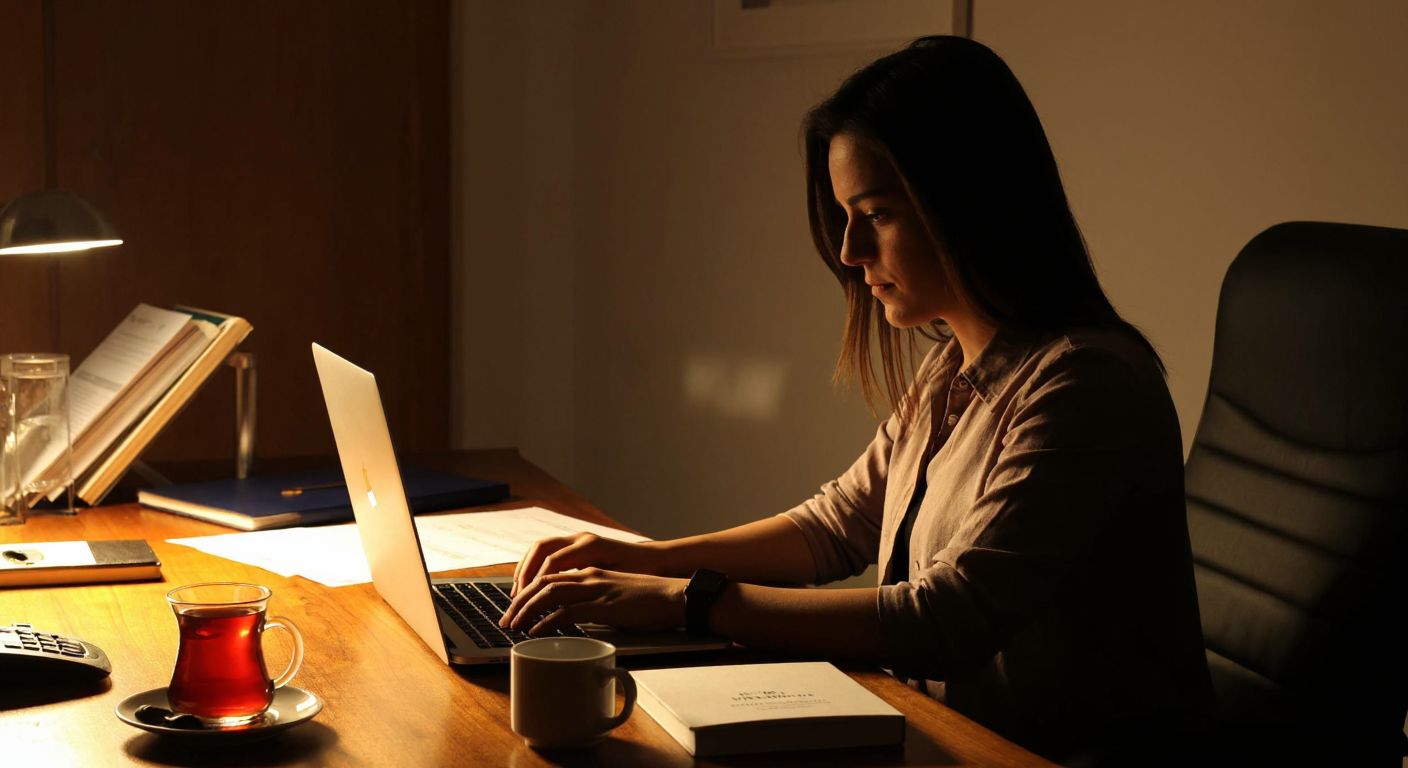 A warm-lit Turkish office with a person sitting at a wooden desk, attentively typing on a laptop while a steaming cup of çay rests beside them, symbolizing the act of online donation registration.
