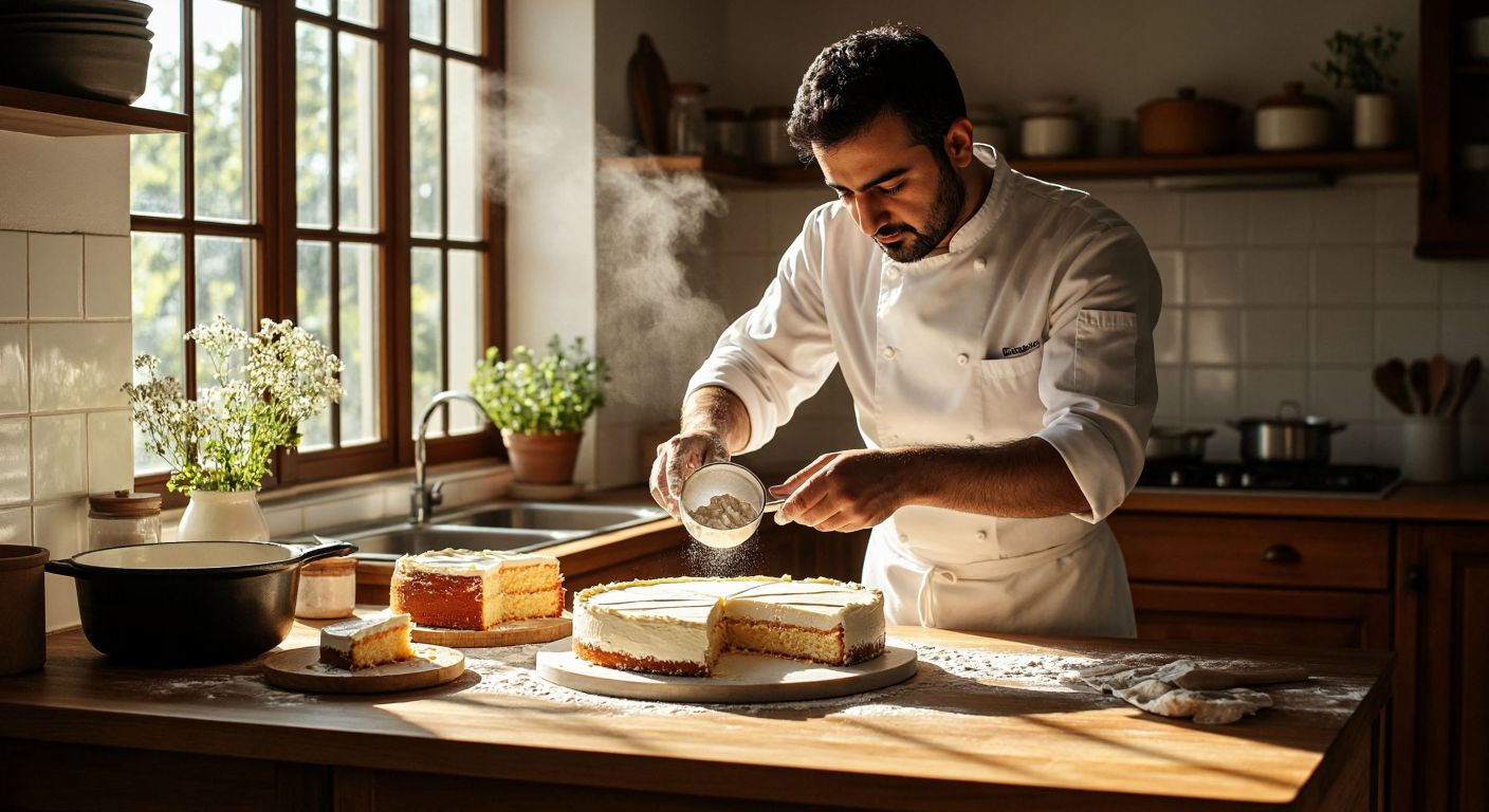 A Turkish chef carefully measuring a quarter cup of flour in a sunlit kitchen, with a neatly sliced cake showing one of four equal pieces on a wooden table nearby.