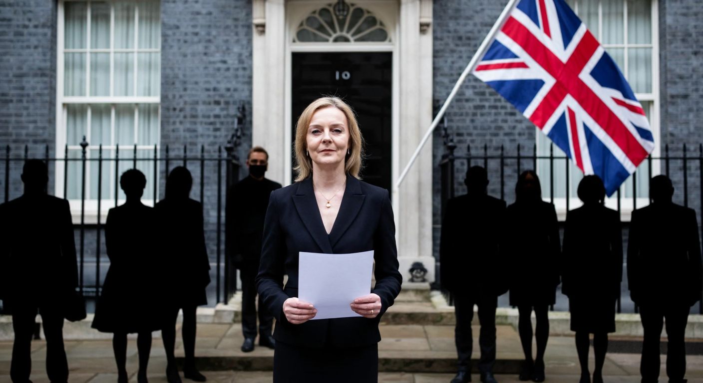 A solemn Liz Truss stands outside 10 Downing Street, clutching a resignation letter while surrounded by shadowy figures representing economic turmoil and political dissent, with the British flag fluttering in the background.