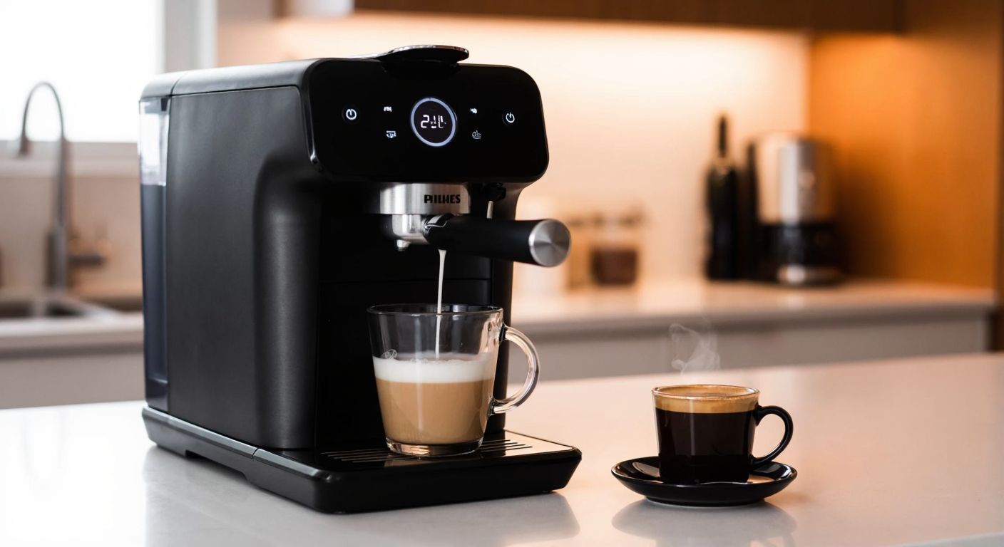 A sleek Philips espresso machine sits on a Turkish kitchen counter, steaming milk into a creamy froth in a glass mug, with a warm cup of coffee beside it.