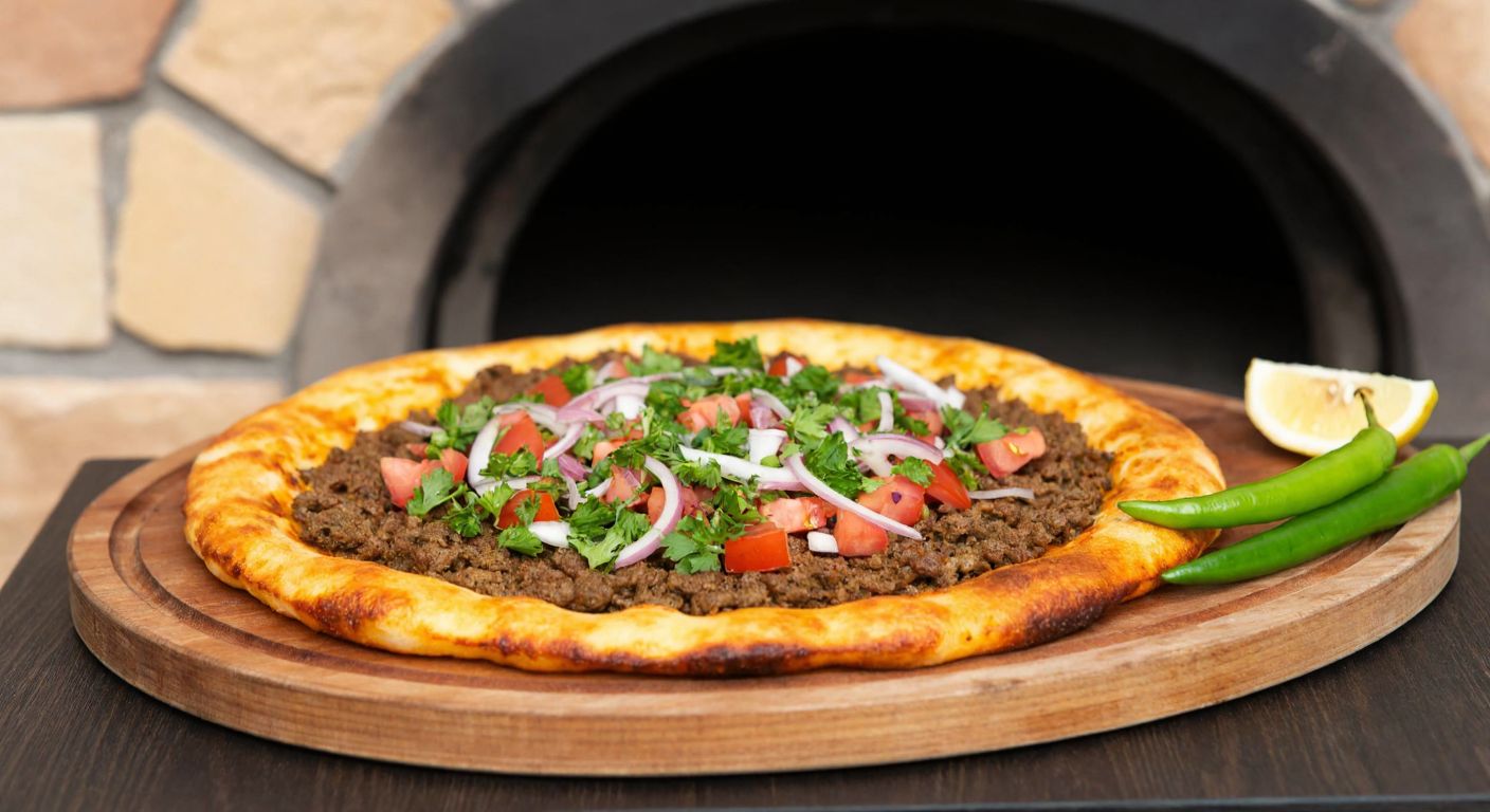 A golden, crispy lahmacun topped with fresh minced lamb, diced tomatoes, onions, and parsley, steaming on a wooden tray beside a rustic stone oven, with a slice of lemon and green peppers placed neatly on the side.