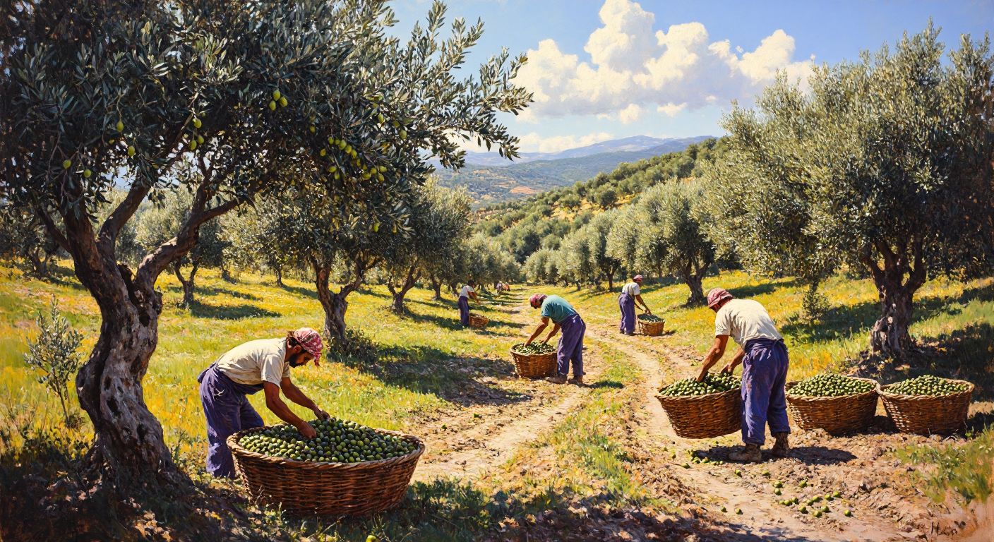 A sunlit olive grove in Turkey with workers harvesting ripe olives, some trees showing signs of pest damage, while others thrive under careful pruning, with baskets of olives losing moisture in the warm breeze.