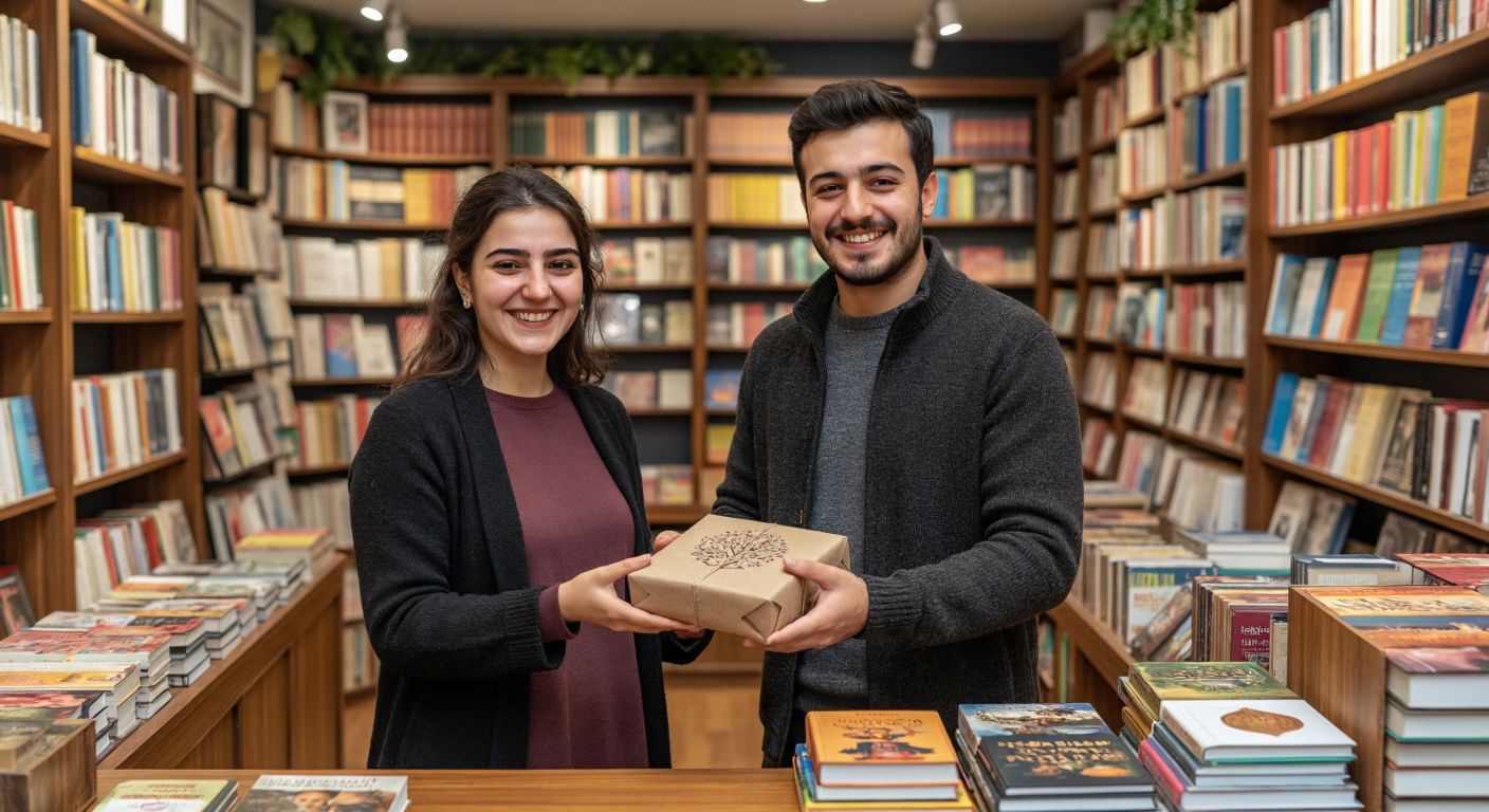 A smiling customer in a cozy Turkish bookstore hands a wrapped book to a helpful clerk behind a wooden counter, with shelves of colorful books in the background.