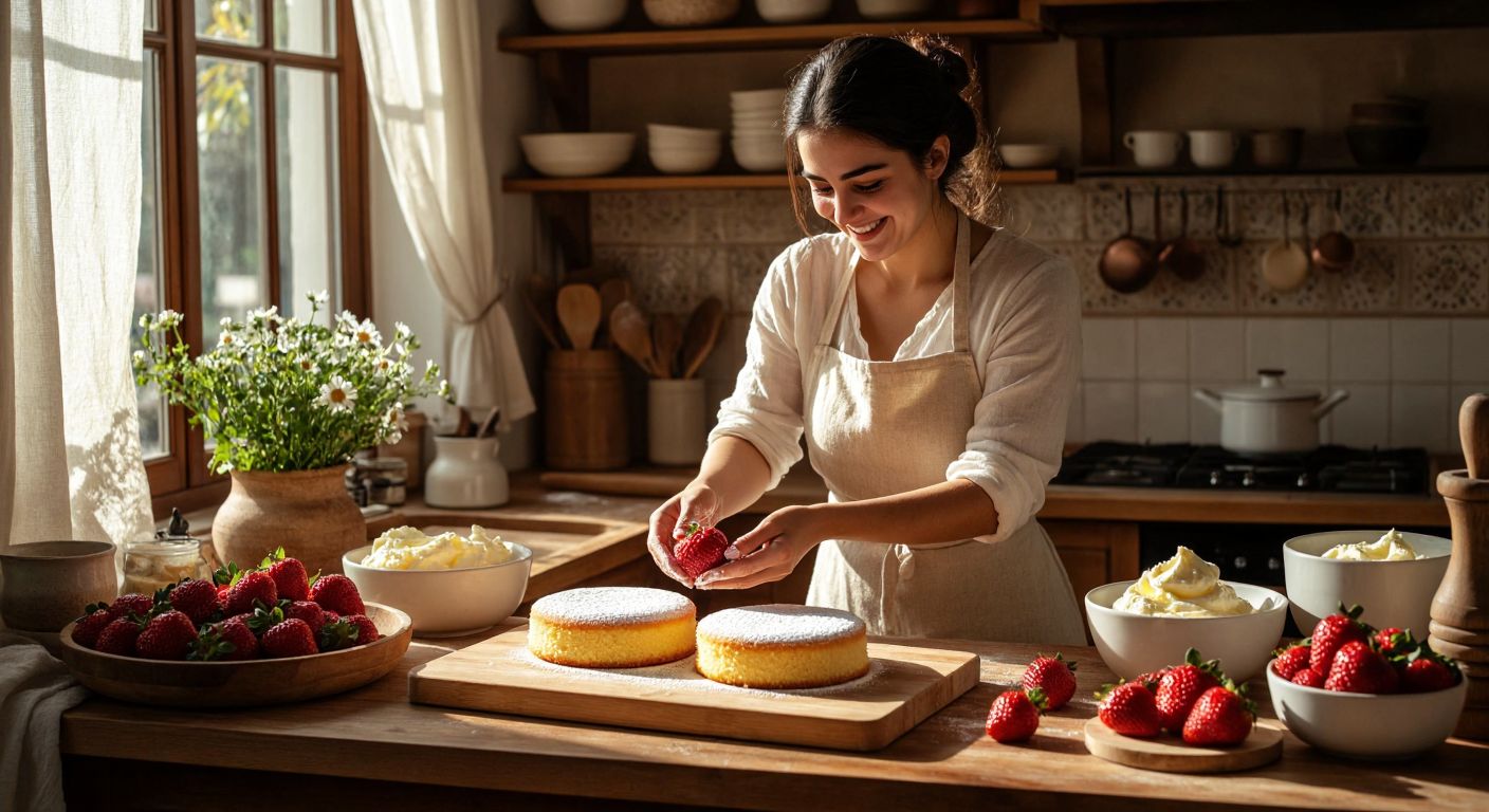 A warm, sunlit Turkish kitchen with a smiling woman carefully shaping two round vanilla sponge cakes into a heart on a wooden cutting board, surrounded by bowls of whipped cream, fresh strawberries, and melted butter.