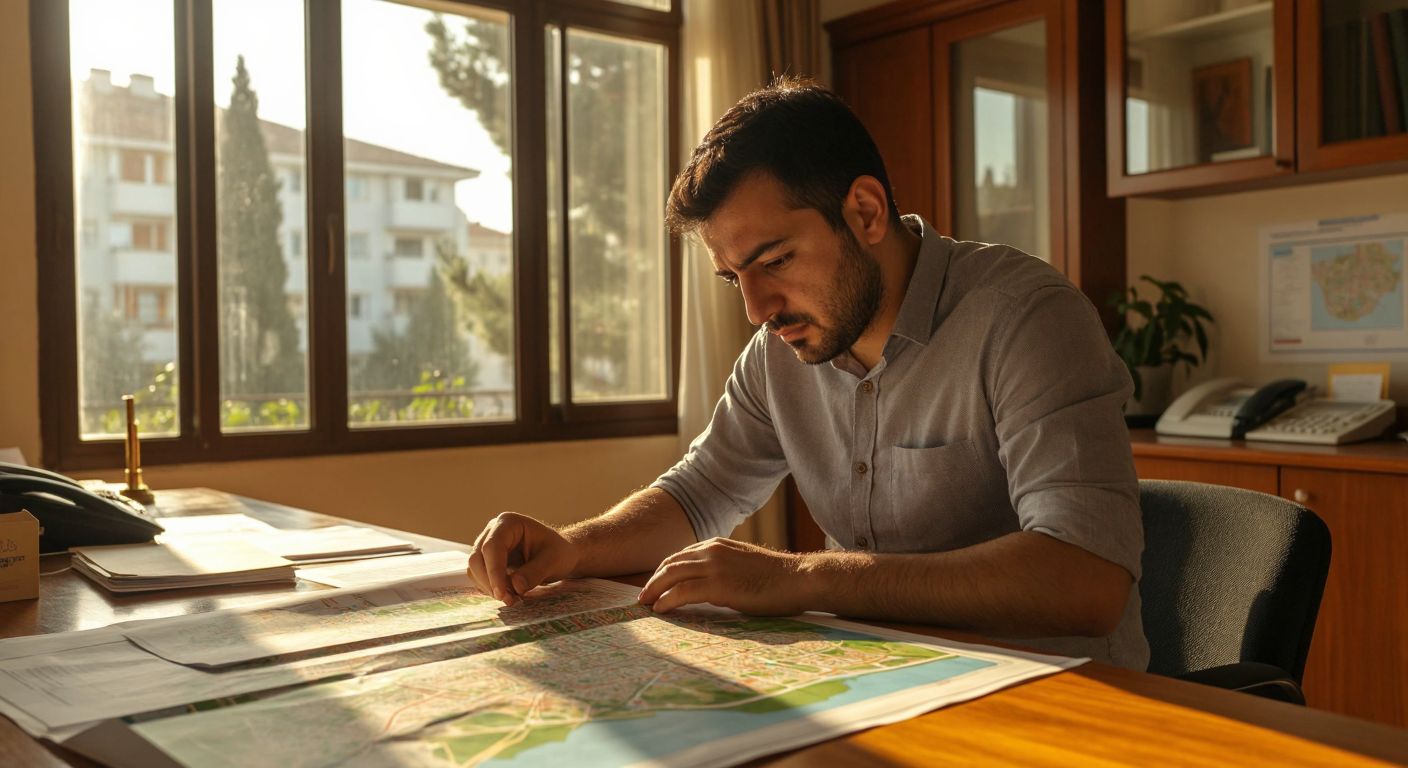 A Turkish man in a button-up shirt sits at a wooden desk in a municipal office, intently studying a printed map of Bornova with zoning overlays while sunlight streams through the window.