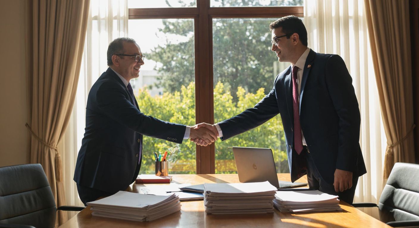Two Turkish university officials in formal attire shake hands in a sunlit office, with stacks of documents and a laptop on a wooden table between them, symbolizing agreement preparation.