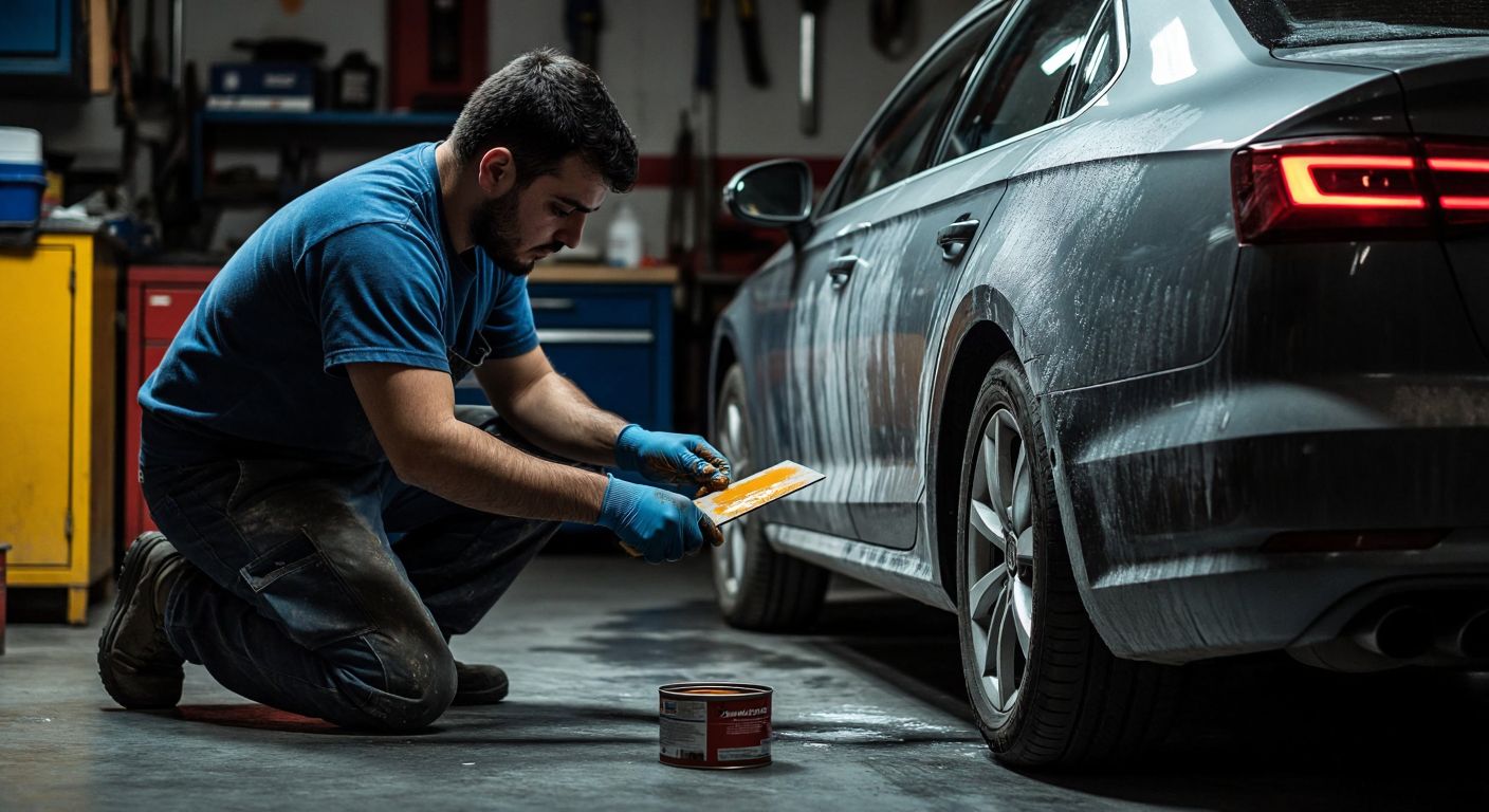 A mechanic in a dimly lit garage in Turkey carefully applies putty to a car's dented fender using a spatula, with sandpaper and a tin of hardener nearby.