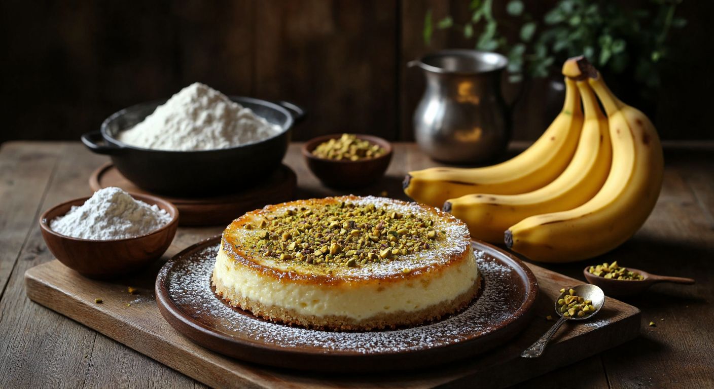 A warm Turkish kitchen with a golden-brown yogurt dessert dusted in powdered pistachios, a bowl of flour and a ripe banana beside it, evoking a cozy, experimental cooking atmosphere.