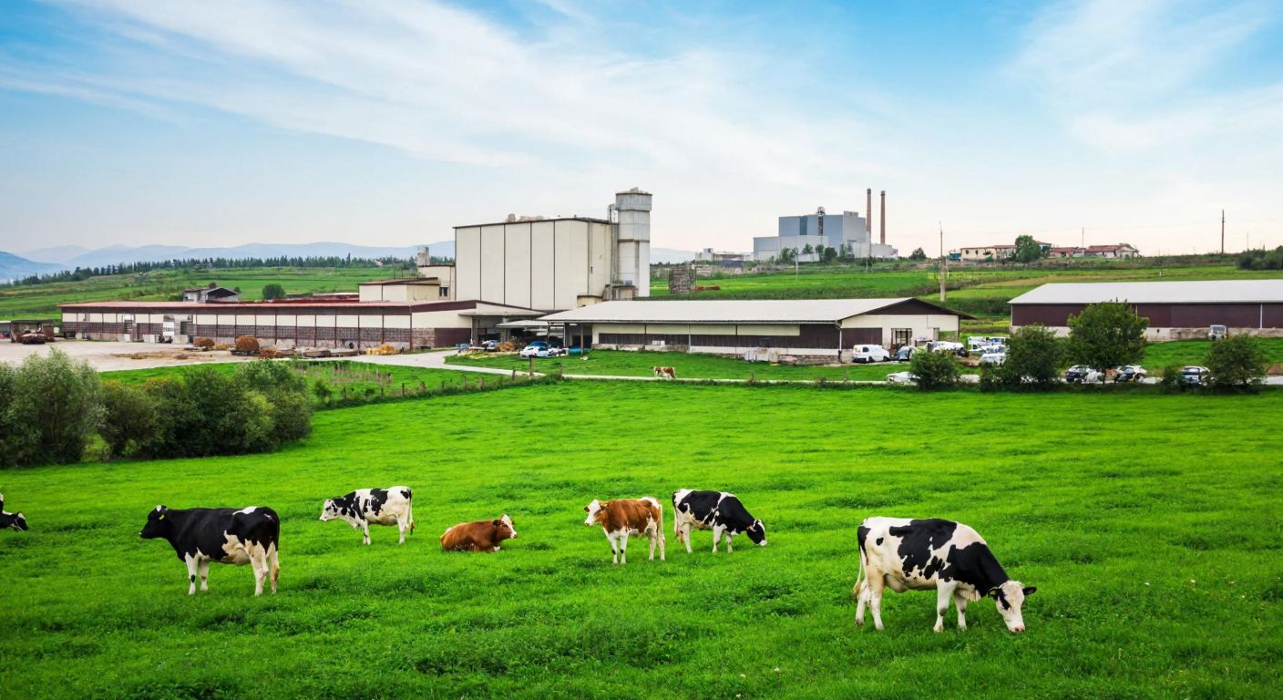 A Turkish dairy farm with lush green fields, cows grazing peacefully, and a modern factory in the background, symbolizing Eker's family-owned legacy and growth.