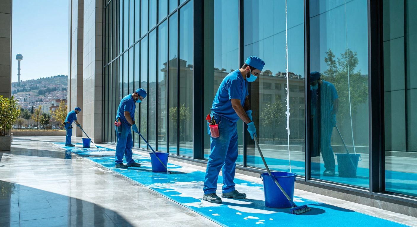 A cheerful cleaning crew in blue uniforms, armed with mops and buckets, efficiently scrubbing a sunlit mosque floor in Manisa while a second team washes the exterior windows of a modern office building nearby.