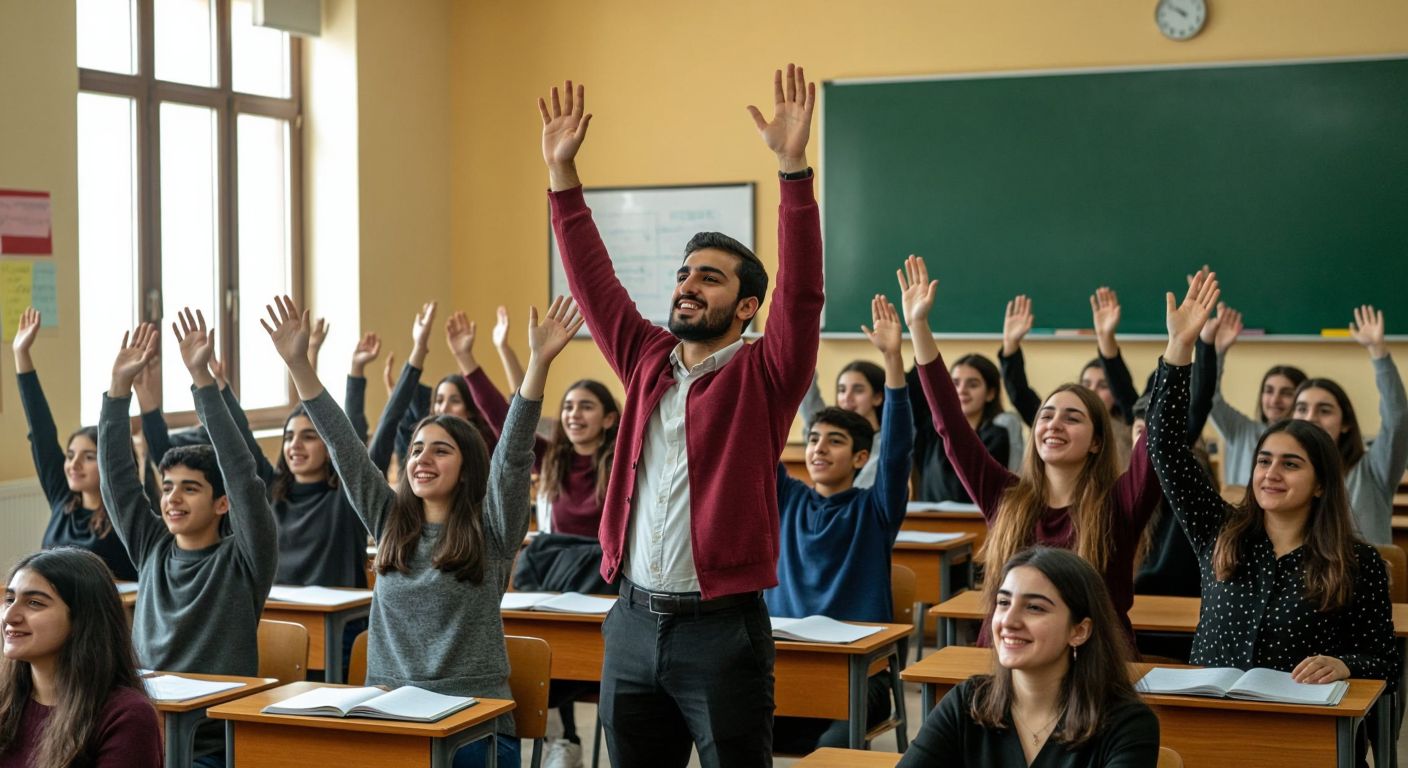 A diverse group of students in a Turkish classroom, some raising their hands eagerly, while a teacher and a well-dressed academician stand at the front, symbolizing collaboration between educational institutions and professionals.
