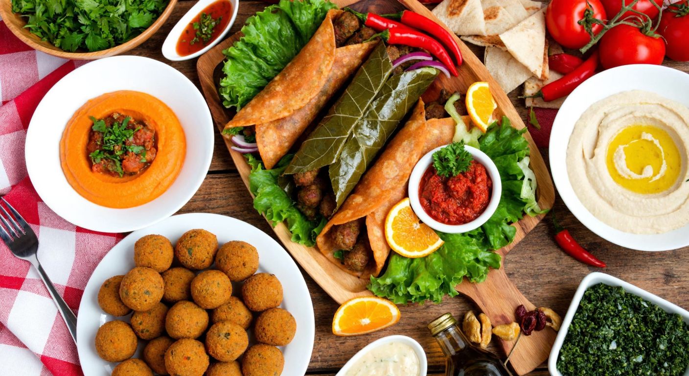 A vibrant display of Turkish meze dishes—golden içli köfte, fresh dürüm çiğ köfte, delicate yaprak sarma, and creamy humus—arranged on a rustic wooden table with a checkered cloth, evoking warmth and appetite.