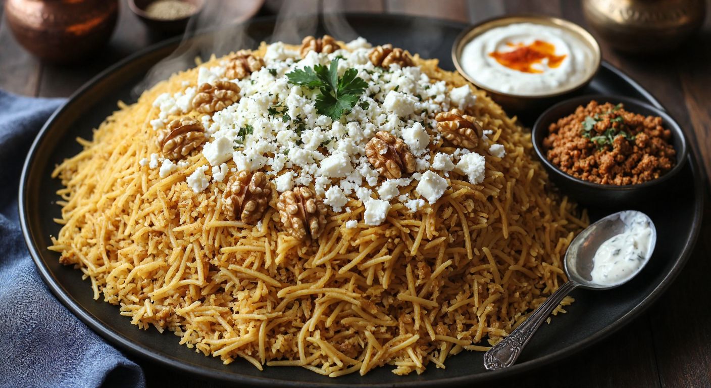 A steaming plate of golden erişte pilavı topped with crumbled white tulum cheese and chopped walnuts, accompanied by a small bowl of creamy yogurt sauce and a spoonful of spiced minced meat, evoking warmth and rustic Turkish comfort.