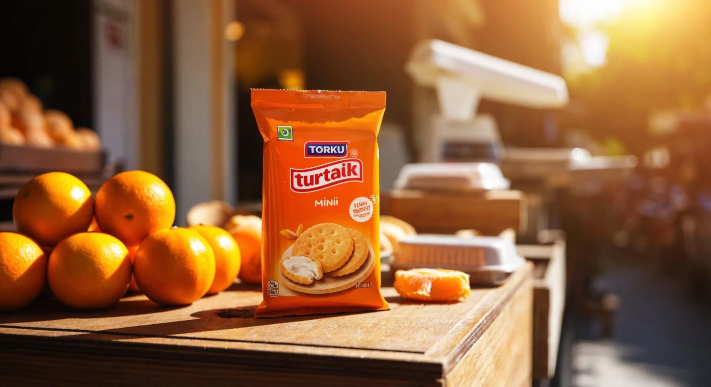 A bright orange Torku Turtacık mini biscuit package sits on a wooden table in a Turkish market, surrounded by fresh oranges and a small scale, with warm sunlight filtering through the window.